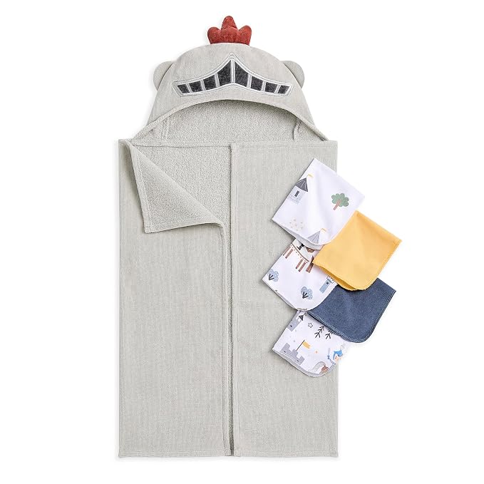 Evolur Supple Spa Kit with Towel, Includes Supple Baby Spa Set, Complementary Good Knight Hooded Towel & 5-Piece Washcloth Set in Grey, Spa Set Includes Bath Tub, Hammock Seat and Metal Frame