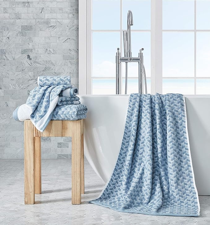 Nautica - Bath Towel Set, Cotton Bath, Hand & Washcloths, Plush, Absorbent & Quick-Dry, Chevron Print, Americana Decor, Set of 6, Zane Blue