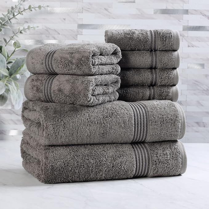 Superior Egyptian Cotton 8-Piece Towel Set, Assorted Towels for Home Bathroom, Master, Guest Bath, Decor Essentials, Includes 2 Bath, 2 Hand, 4 Face Towels/Washcloths, Quick Dry, Absorbent, Charcoal