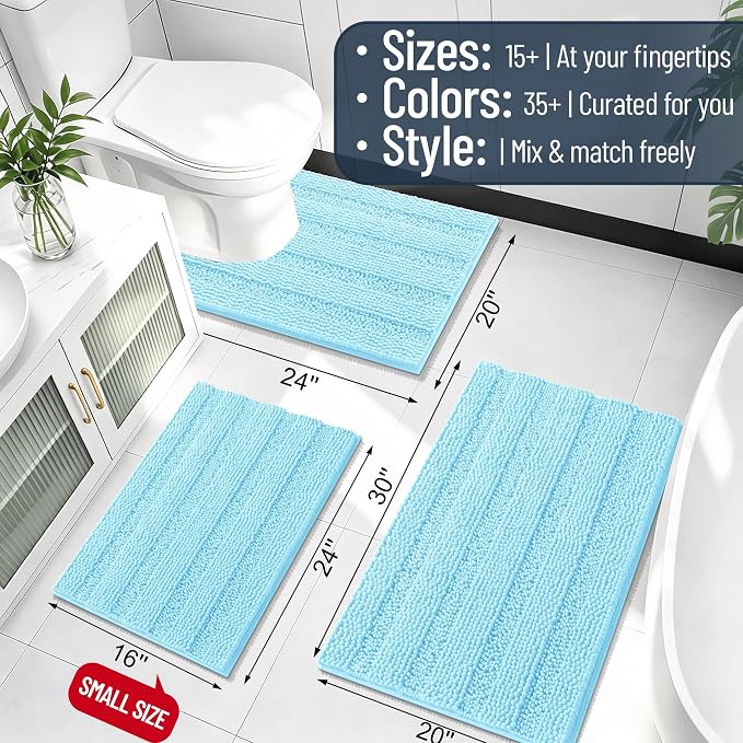 Smiry Thick Chenille Bathroom Runner Rugs 44x24, Extra Absorbent Striped Bath Mat, Machine Washable, Rubber Backing, Long Bath Rugs for Bathroom, Tub & Shower, Home Decor Accessories, Sky Blue