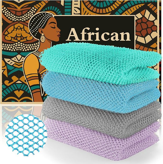 African Net Sponge (4-Pack) - Premium Exfoliating Body & Face Scrubber, Travel-Ready, Durable, Gentle Exfoliation Tool(Light Purple,Gray,Sky Blue,Green)