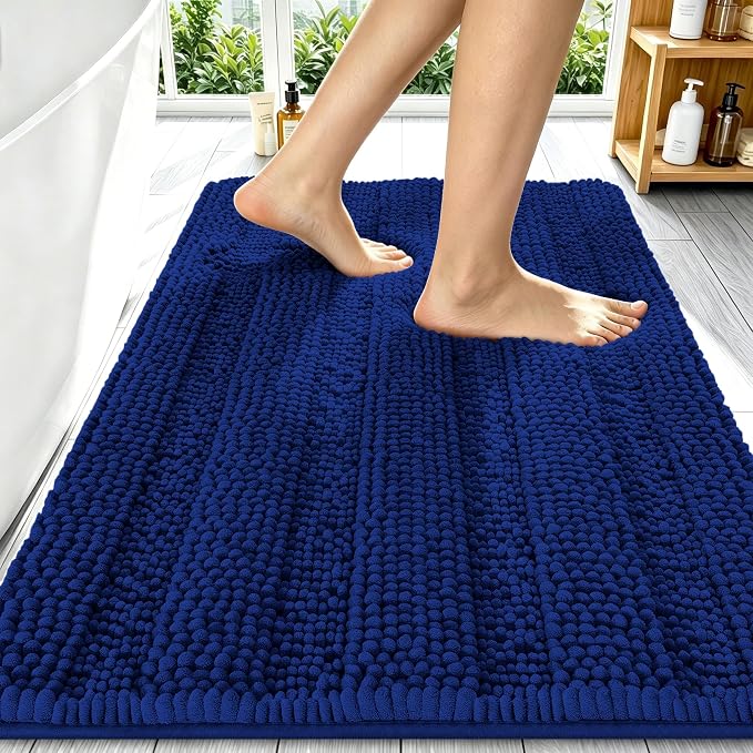 Smiry Thick Chenille Bathroom Rugs 34x21, Extra Soft Absorbent Striped Bath Mat, Machine Washable, Rubber Backing, Bath Rugs for Bathroom, Tub & Shower, Modern Home Decor Accessories, Navy