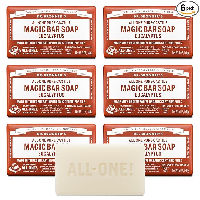 Dr. Bronner's Pure-Castile Magic Soap Bars (Eucalyptus, 5 oz, 6-Pack)- Made with Regenerative Organic Certified Oils for Face, Body & Hair - Gentle, Vegan- Bar Soaps for Men & Women
