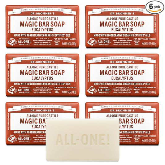 Dr. Bronner's Pure-Castile Magic Soap Bars (Eucalyptus, 5 oz, 6-Pack)- Made with Regenerative Organic Certified Oils for Face, Body & Hair - Gentle, Vegan- Bar Soaps for Men & Women