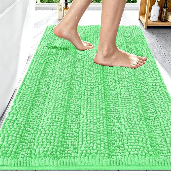 Smiry Thick Chenille Bathroom Rugs 30x20, Extra Soft Absorbent Striped Bath Mat, Machine Washable, Rubber Backing, Bath Rugs for Bathroom, Tub & Shower, Home Decor Accessories, Mint Green