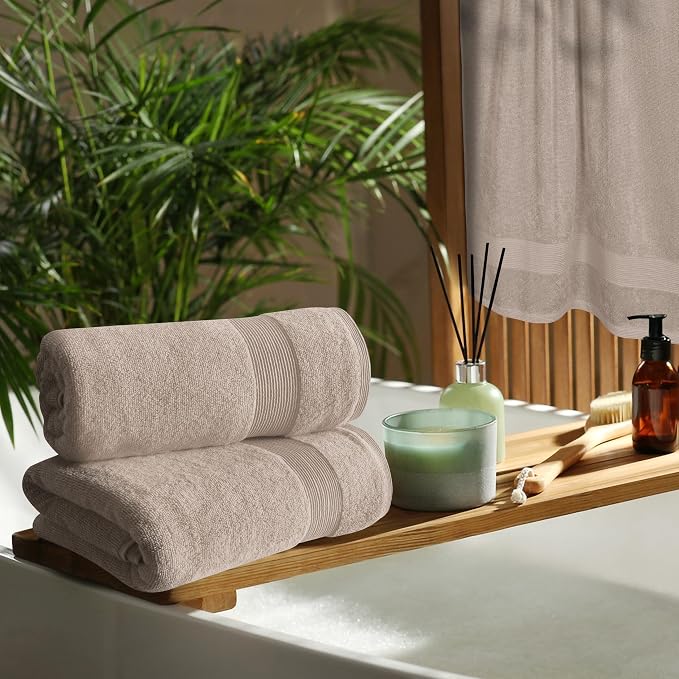 Belizzi Home 4 Pack Bath Towel Set 27x54, 100% Ring Spun Cotton, Ultra Soft Highly Absorbent Machine Washable Hotel Spa Quality Bath Towels for Bathroom, 4 Bath Towels - Tan