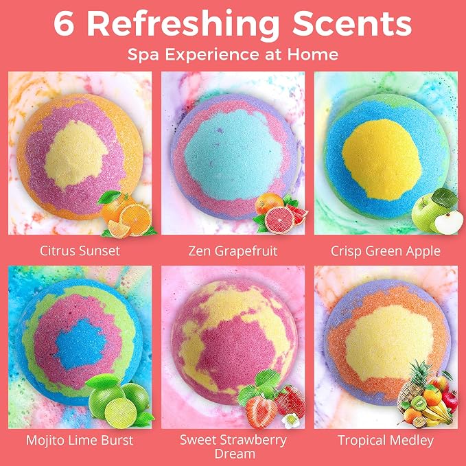 Jumbo Bath Bombs for Women, 6 Pack 7 oz Bath Fizzies Gift Set | Fruit /Floral Scent Large Bathbombs with Free Hair Care Oil Inside, Colorful Fizz, Spa Gift for Mom, Wife, Girlfriend