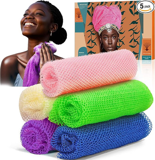 5 Pieces African Net Sponge – Premium African Net Sponge for Deep Exfoliation Quick-Dry and Reusable Mesh for Smooth Skin(Purple, Pink, Green, Blue, White)
