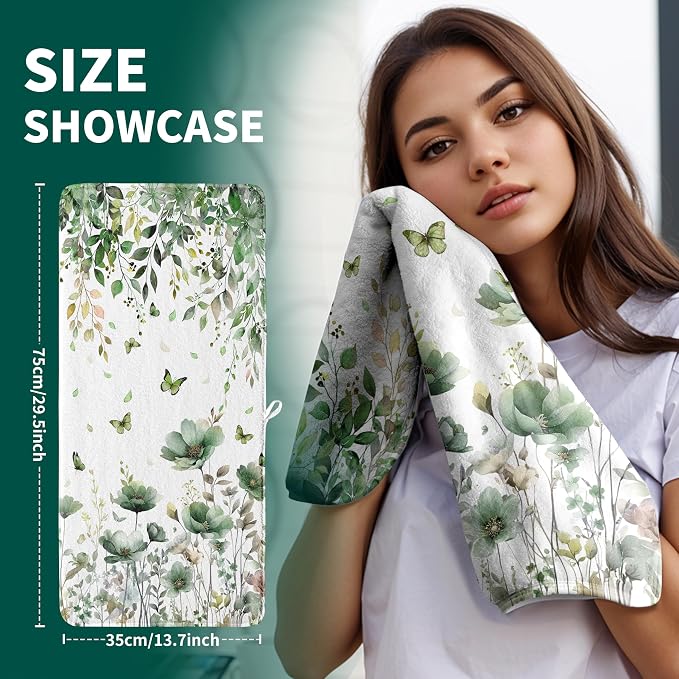 Sage Green Leaves Hand Towels Butterfly Floral Absorbent Microfiber Towel for Bathroom