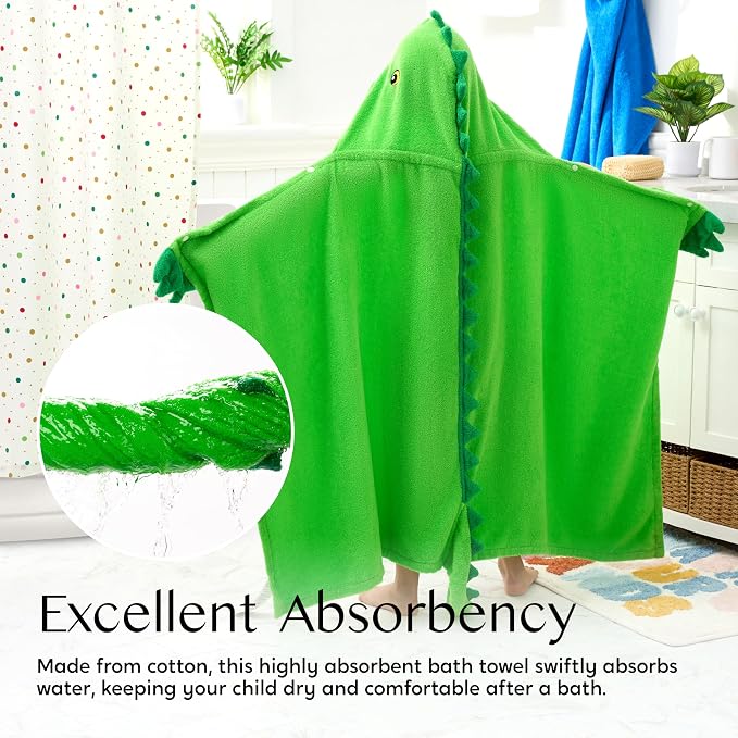 Joiedomi Dinosaur Hooded Towel for Kids Soft 100% Cotton Bath Beach Towel 30" x 50" for Kids 3-8 Years Toddler Pool Poncho with Hood Absorbent Swim Wrap for Boys Girls