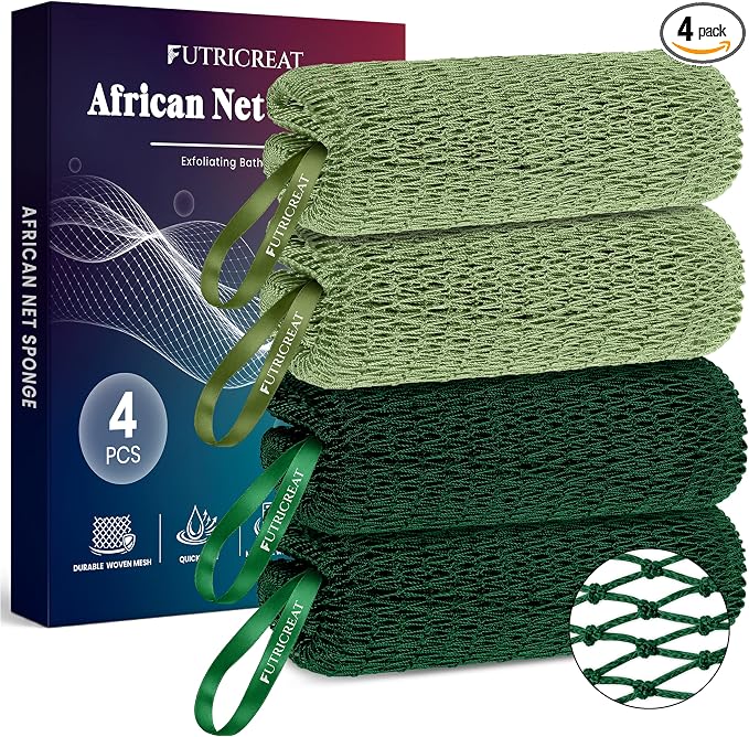 4 Pack African Net Sponge Authentic, Exfoliating Washcloth, Body & Back Scrubber, Better Alternative to Traditional Loofahs, Perfect for Daily Shower & Travel, Sage Green & Forest Green