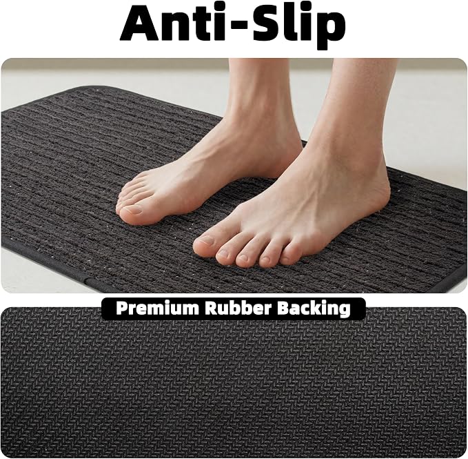 Black Bathroom Runner Rugs Non Slip Absorbent Quick Dry Thin Bath Mat with Rubber Backing, Shower Mats Fit Under Door Floor Bathtub, Easy Care, Machine Washable, 17"x 47", Black