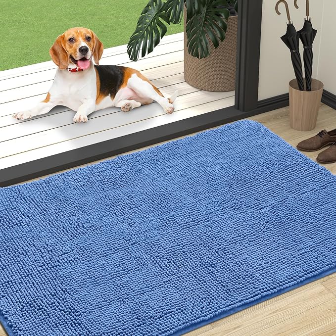 OLANLY Dog Door Mat for Muddy Paws 47x32, Absorbs Moisture and Dirt, Absorbent Non-Slip Washable Doormat, Quick Dry Chenille Mud Mat, Entry Indoor Entryway Carpet for Inside Floor, Cornflower Blue