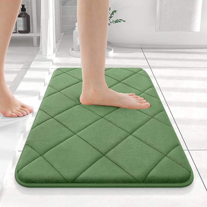 OLANLY Memory Foam Bath Mat 24x16, Ultra Soft and Absorbent Bathroom Rugs, Machine Washable, Comfortable Bath Carpet for Bathroom Floor, Tub and Shower, Olive Green