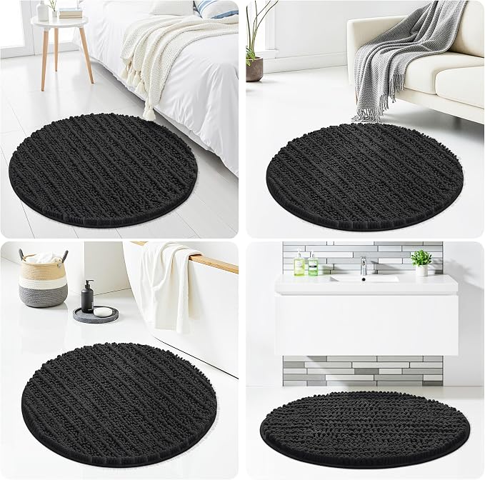 Smiry Bathroom Rugs Mat Round 30x30, Soft Absorbent Chenille Bath Rugs, Non Slip Rubber Backing Machine Washable Quick Dry Bath Mats for Bathroom Floor, Tub, Shower, Home Accessories, Black