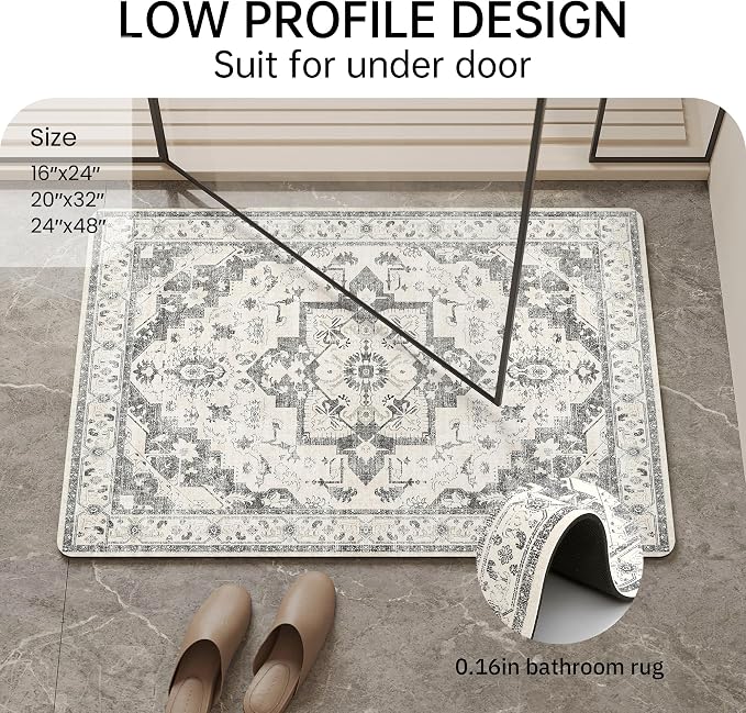 Mecko Bath Mat, Ultra Absorbent Quick Dry Bathroom Floor Mats-Rubber Non-Slip Thin Bathroom Rug Fit Under Door, Faux Suede Surface Shower Rug for Bathtub, Sink, Shower Room(Grey/White,20"x32")
