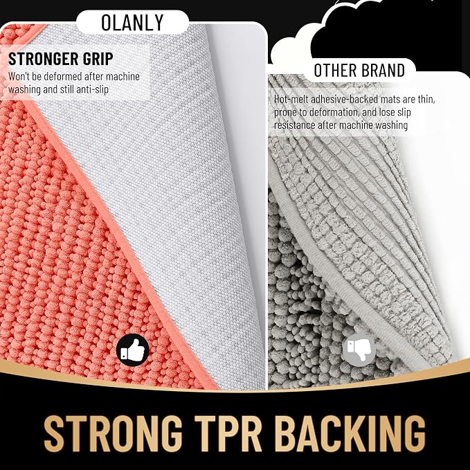 OLANLY Thick Bathroom Rugs 34x21, Extra Soft Absorbent Chenille Bath Rugs, Rubber Backing, Machine Wash Dry, Bath Mats for Bathroom Floor, Tub and Shower, Home Decor Accessories, Coral