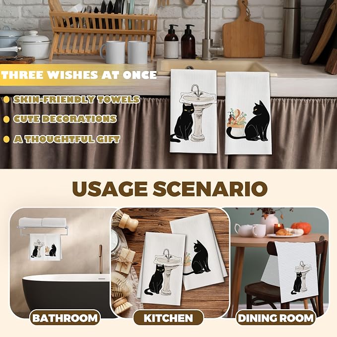 Bath Towels Set of 2, Cute Funny Black Cat Dish Towel for Bathroom Spa Kitchen, Decorative Hand Towels, Fast Drying Tea Towel, Housewarming Xmas Gifts for Cat Lover Women Mom -B27
