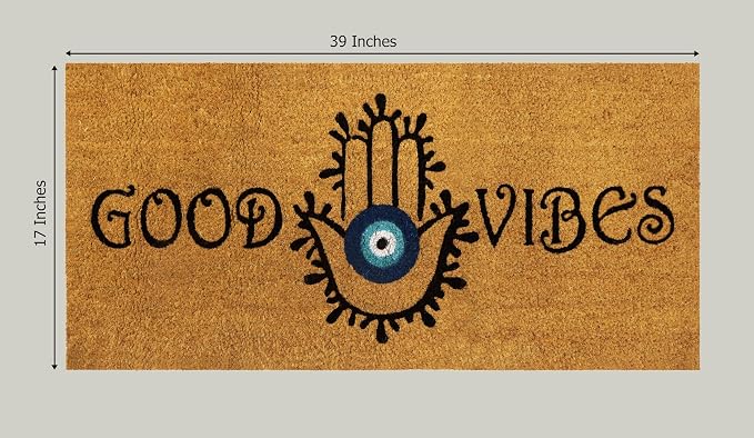 Croft&Cane Good Vibes Evil Eye Welcome Doormat – Extra Wide 17x39 Non Slip Natural Coco Coir Door Mat – Dirt Trapping Indoor Outdoor Large Entryway Rug for Wide Doorways Patio Porch High Traffic Areas