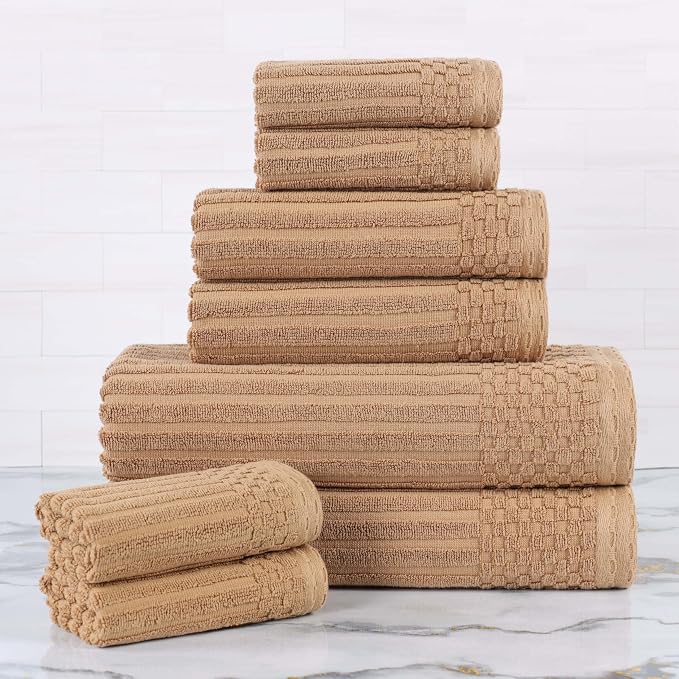 Superior Cotton 8-Piece Solid and Ribbed Towel Set, Face Towels 13” x 13”, Hand Towels 16” x 28”, Bath Towels 27” x 54”, Coffee by Superior