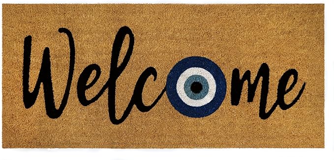 Croft&Cane Welcome Doormat – Extra Wide 17x39 Evil Eye Non Slip Natural Coco Coir Door Mat – Dirt Trapping Indoor Outdoor Large Entryway Rug for Wide Doorways Patio Porch High Traffic Areas