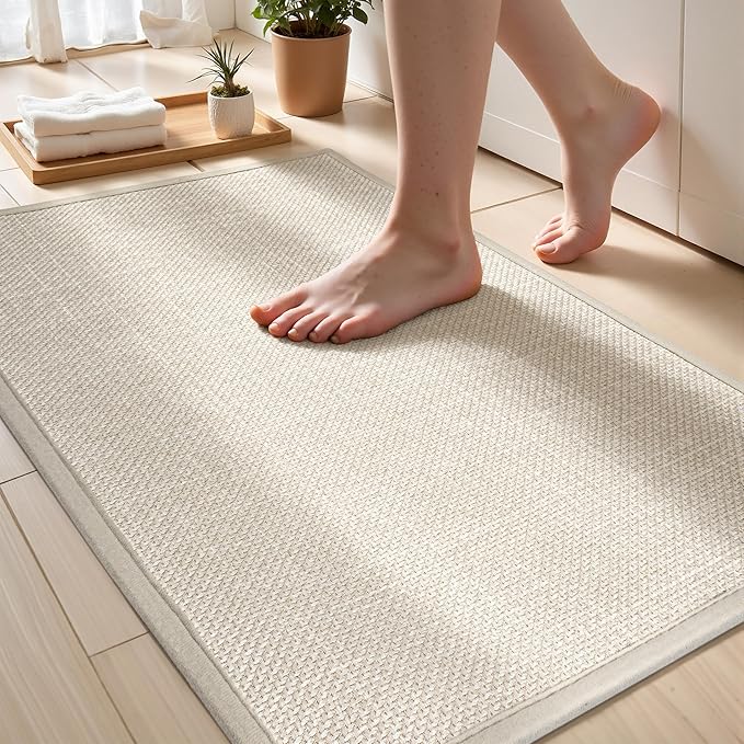 Ultra Thin Non Slip Bath Mat with Rubber-Backing Braided Absorbent Machine Washable Bathroom Rugs, Quick Dry, Fits Under Door 17" x 24" Beige