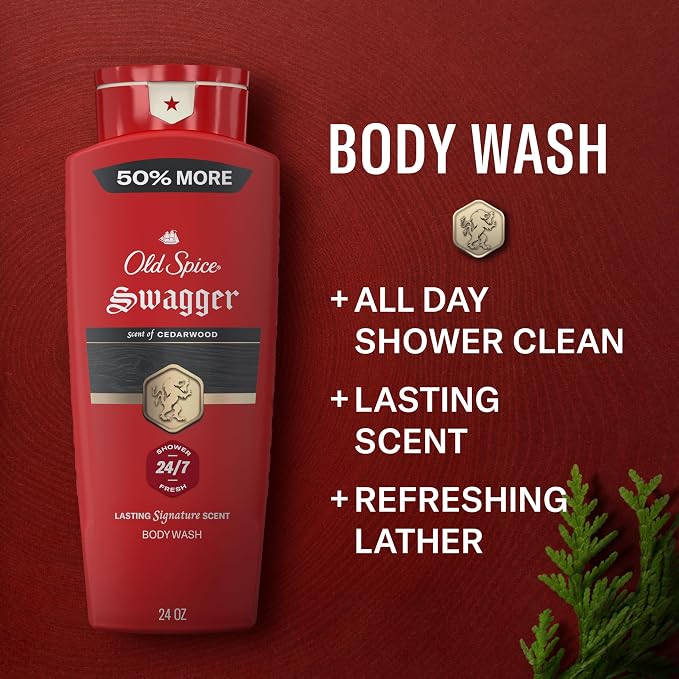 Old Spice Refreshing Body Wash for Men, 3X Defense, 24/7 Shower Fresh with Long Lasting Scent, Red Collection, Swagger with Cedarwood Scent, 24 oz (Pack of 4)