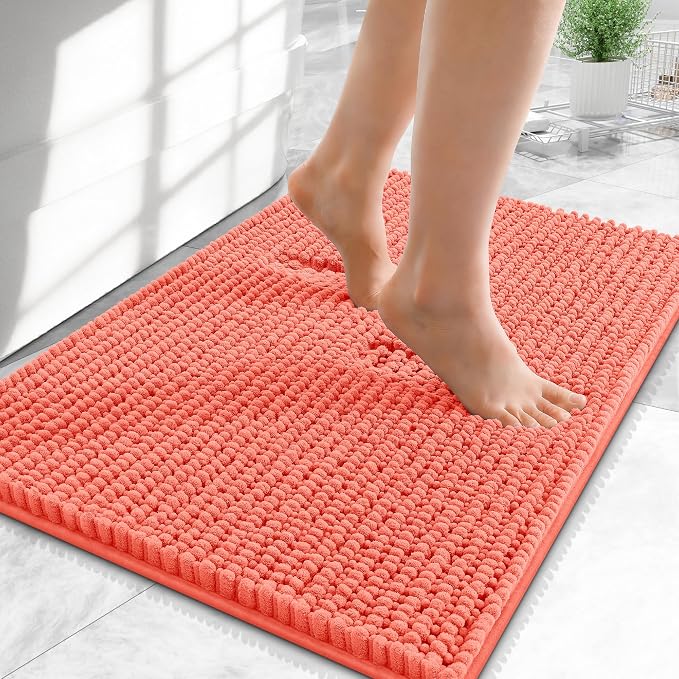 OLANLY Thick Small Bathroom Rugs 24x16, Extra Soft Absorbent Chenille Bath Rugs, Rubber Backing, Machine Wash Dry, Bath Mats for Bathroom Floor, Tub and Shower, Home Decor Accessories, Coral