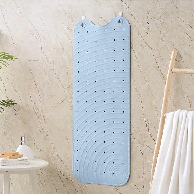 Extra Long Rubber Bathtub Mat, Non-Slip Shower Tub Mat, 39x16 Inch, Bath Tub Floor Mat with Suction Cups and Drainage Holes, Light Blue