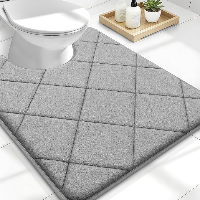OLANLY Memory Foam Toilet Rugs U-Shaped 24x20, Ultra Soft and Absorbent Bathroom Rugs, Machine Washable Quick Dry, Comfortable Bathroom Contour Bath Mats for Toilet Base, Grey