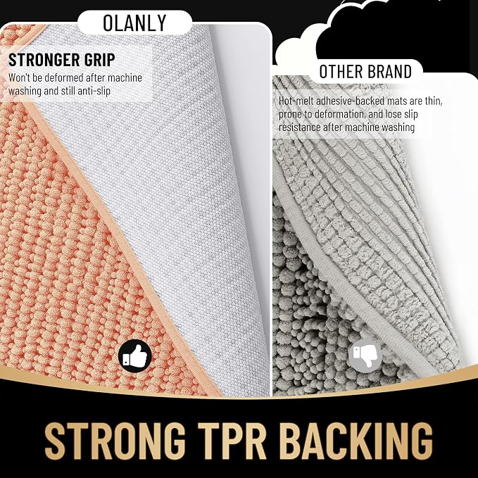 OLANLY Thick Bathroom Rugs 36x24, Extra Soft Absorbent Chenille Bath Rugs, Rubber Backing, Machine Wash Dry, Bath Mats for Bathroom Floor, Tub and Shower, Home Decor Accessories, Peach