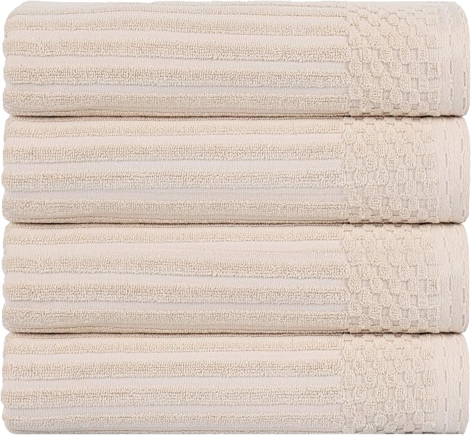 Superior 4 Piece Cotton Bath Towel Set, Includes 4 Bath Towels, Daily Use for Bathroom, Guest Bath, Quick Dry, Spa, Resort Towels, Ribbed, Absorbent, Home Essentials, Soho Collection, Ivory