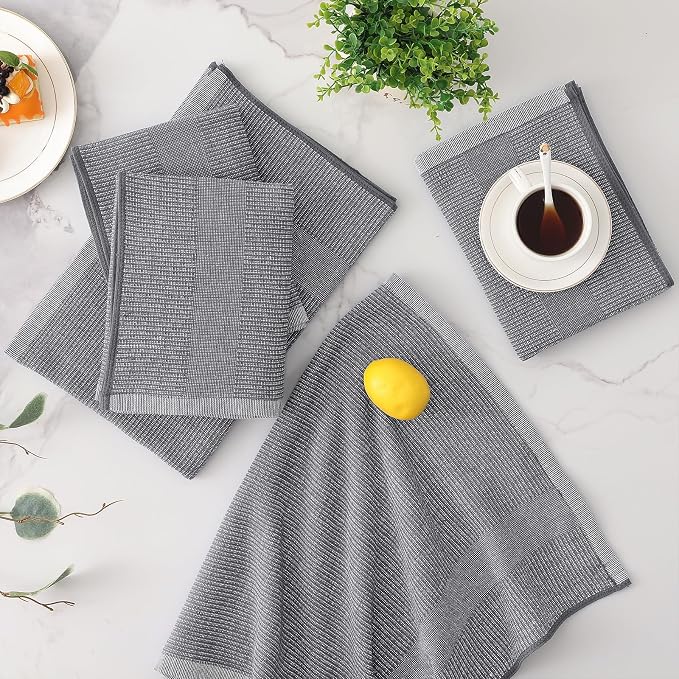 Mordimy Premium Kitchen Towels 8 Pack (18 x 28 Inches, Grey), Large Cotton Kitchen Hand Towel, Flat & Terry Dish Towels for Drying Dishes, Super Absorbent Tea Dishtowels Set with Hanging Loop