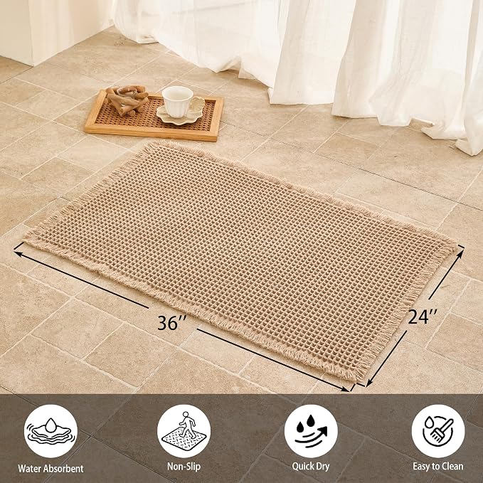 Waffle Bath Mat Non Slip, Boho Bathroom Rug, Super Absorbent Quick Dry Bathroom Mat, Soft Farmhouse Bath Rug with Tassels, Small Washable Shower Mats for Floor 24"x36", Brown