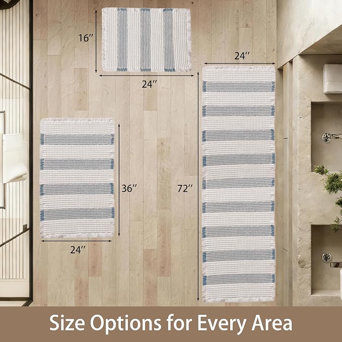 Waffle Bath Mat Non Slip, Boho Bathroom Rug, Super Absorbent Quick Dry Bathroom Mat, Soft Farmhouse Bath Rug with Tassels, Small Washable Shower Mats for Floor 20"x32", White and Blue