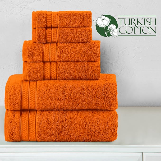 Elegant Comfort Luxury 6-Piece Towel Set, Premium Soft 100% Turkish Cotton, Three Line Popcorn Design 2 Bath Towels, 2 Hand Towels and 2 Washcloths Towel Set-Quick-Drying and Absorbent, Vibrant Orange