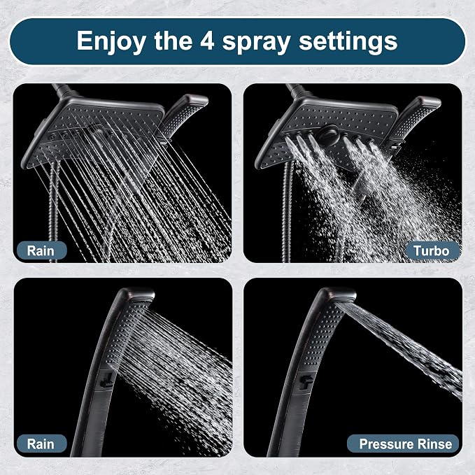 BRIGHT SHOWERS High Pressure Dual Shower Head Combo, Oil Rubbed Bronze Rainfall Showerhead with Detachable Handheld, 60" Stainless Steel Hose, Four Spray Settings