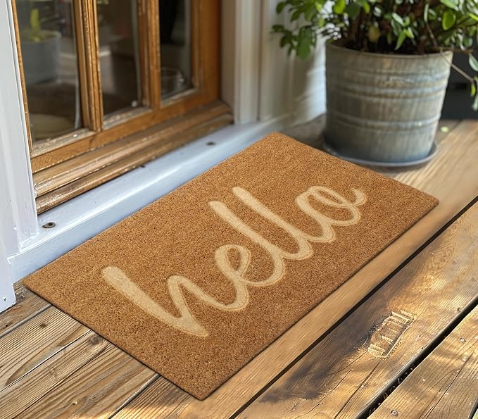 Croft&Cane Coco Coir Doormat - Non Slip Welcome Doormat with Deep Groove Dirt Trapping Hello Design - Low Profile Front Door Mat - Indoor Outdoor Entryway Patio Rug - 17 x 30 Inches