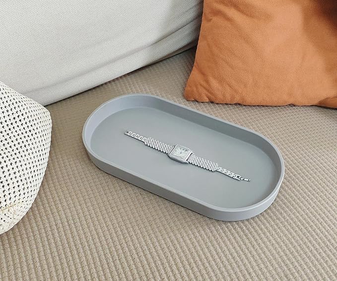 Gray Small Oval Tray (11.8 inch), 3 Pack, Countertop Organizer | for Kitchen Counter, Bathtub Bathroom Vanity Items, Coffee Accessory, Bar, Serving Seasoning, Salt and Pepper, Soap.