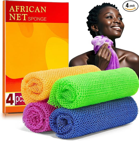 4 Pieces African Net Sponge for Deep Exfoliation – African Net Sponge Authentic, Exfoliating Washcloth, Quick-Drying African Net for Smooth & Glowing Skin(Blue, Orange, Green, Purple)