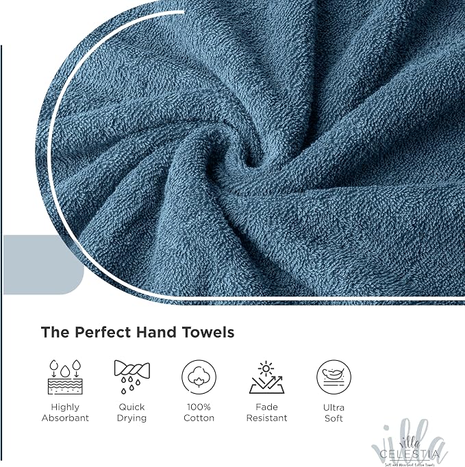 Villa Celestia Cotton Hand Towels Set of 2, 16 x 28, Oeko-TEX Certified, Quick Dry, Blue
