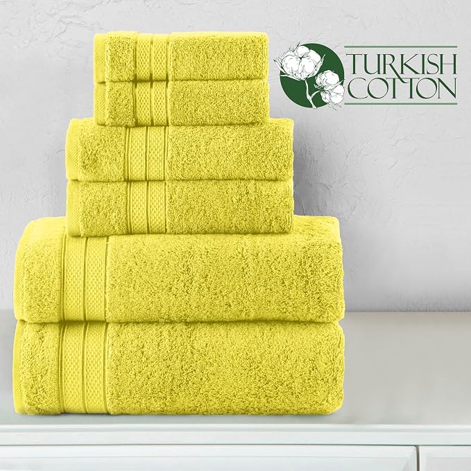Elegant Comfort Luxury 6-Piece Towel Set, Premium Soft 100% Turkish Cotton, Three Line Popcorn Design 2 Bath Towels, 2 Hand Towels and 2 Washcloths Towel Set - Quick-Drying and Absorbent, Yellow