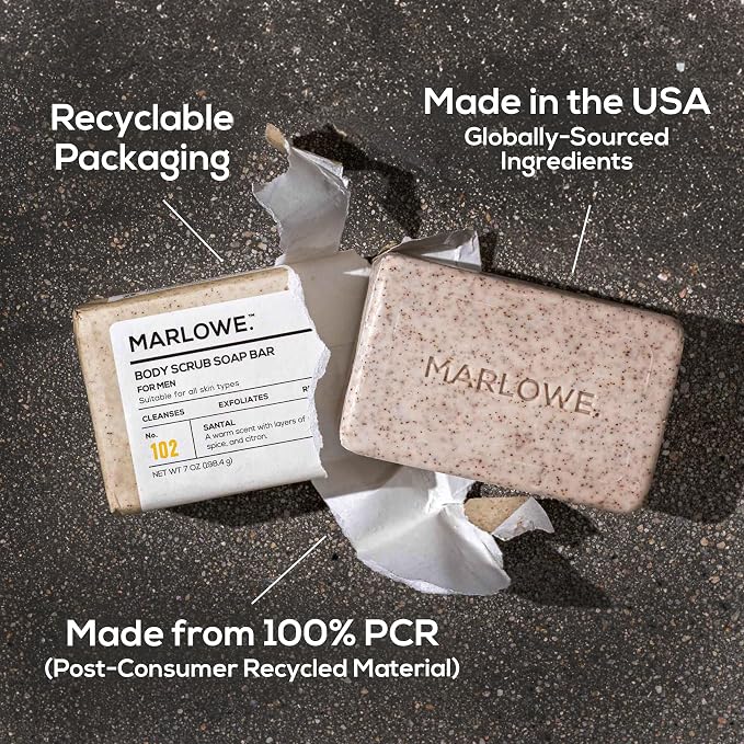 MARLOWE. Body Scrub Soap, Exfoliating Soap Bar, Santal, 7 oz (12 Bars) | Scrub Soap Bar that deeply cleanses and exfoliates while buffing away rough, dry skin. Warm Santal scent.