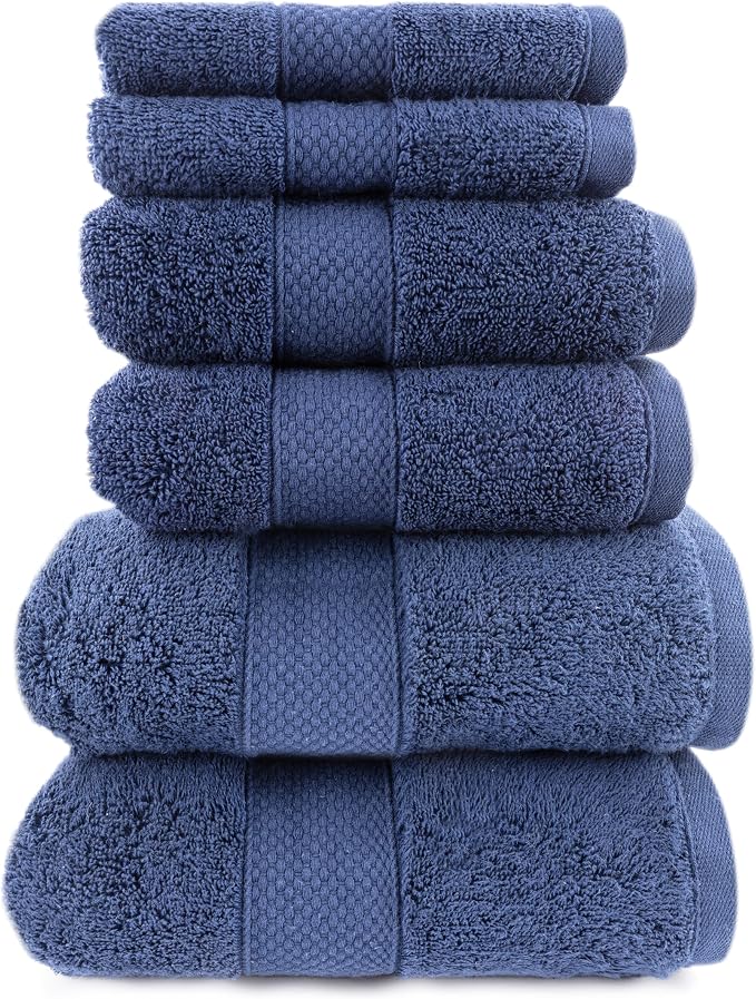 Maisonette Loft Egyptian Cotton Turkish Bathroom Towels Set, Soft & Absorbent, Ideal Quick Dry Luxury Hand & Large Bath Towels, Washcloths (6 Pack), Navy