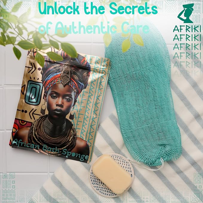 African Net Sponge, Premium Authentic Exfoliating Body Scrubber, Extra Long Stretch Bath Sponge for Shower, Deep Exfoliating Washcloth for Smooth Skin, 1 Pack (Turquoise)