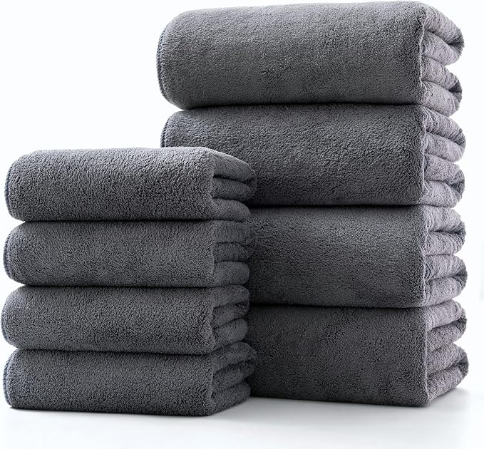 Lumimi Towel Set of 8 Very Soft Microfiber 4 Bath and 4 Hand Towels Quick Dry Light Weight for Bathroom Gym Salon, 8 Pack Dark Grey