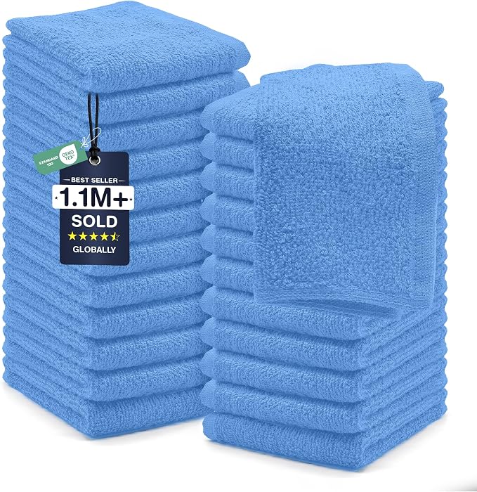DAN RIVER 24 Pack Wash Cloths for Showering [12x12] - 100% Cotton Washcloths Premium Quality Flannel Face Cloths for Bathroom, Highly Absorbent and Soft Feel Wash Clothes, M Blue