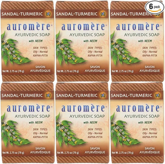 Auromere Ayurvedic Bar Soap, Sandal Turmeric - Eco Friendly, Handmade, Vegan, Cruelty Free, Natural, Non GMO (2.75 oz), 6 pack