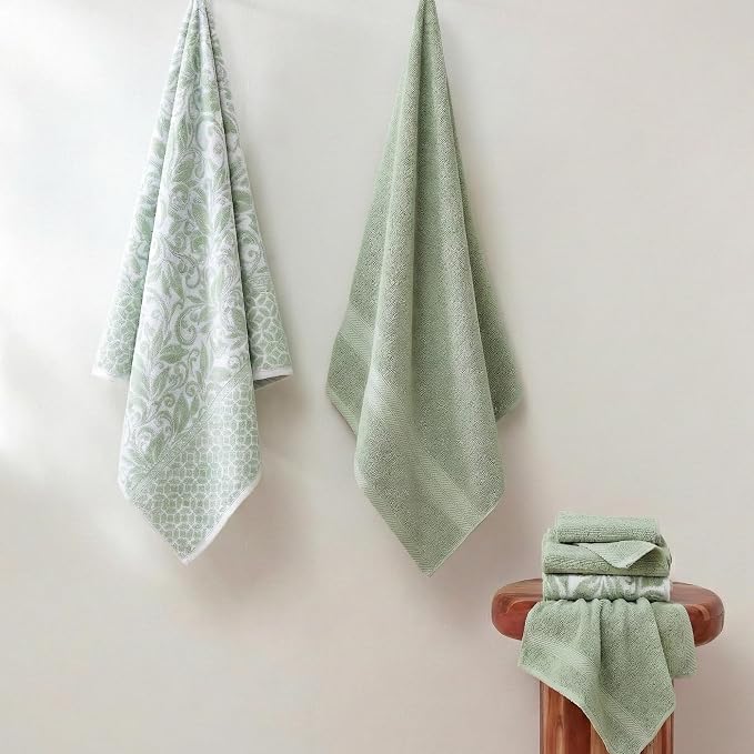 Modern Threads 6 Piece Bath Towel Set – Bathroom Set with 2 Bath Towels, 2 Hand Towels, and 2 Wash Cloths – 100% Cotton, Super Absorbent & Extra Soft – Reversible Botanical Vine (Sage Green)