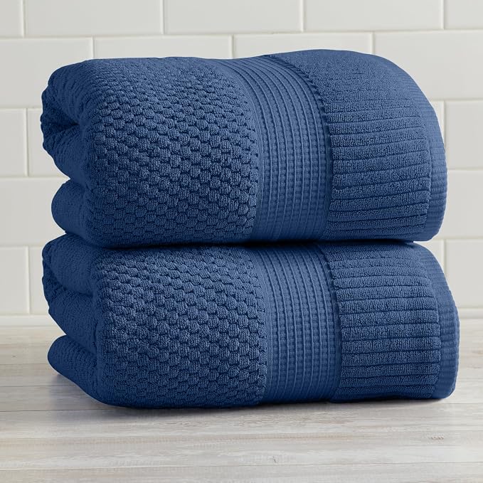 NY Loft 100% Cotton 2 Pack Bath Sheet Towel Set | Super Soft & Absorbent Quick-Dry Oversize Bath Towels |Textured and Durable Cotton | Navy Blue